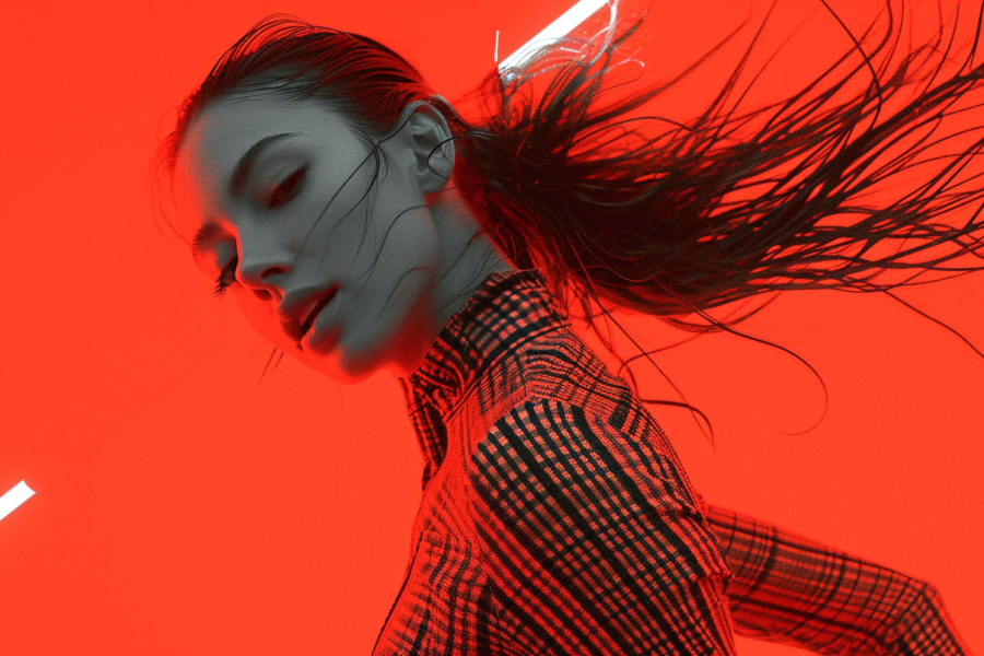 The image depicts a woman with long red hair standing in a room with red walls. She is wearing a black and white checkered shirt. The room has a vibrant red color scheme, creating a bold and striking backdrop for the woman. Her long hair flows down her back, adding a sense of movement to the image. The overall composition is artistic and visually captivating, with the contrast between the woman''s red hair and the red room creating a visually appealing aesthetic. The image conveys a sense of mystery and elegance, drawing the viewer''s attention to the woman''s striking appearance