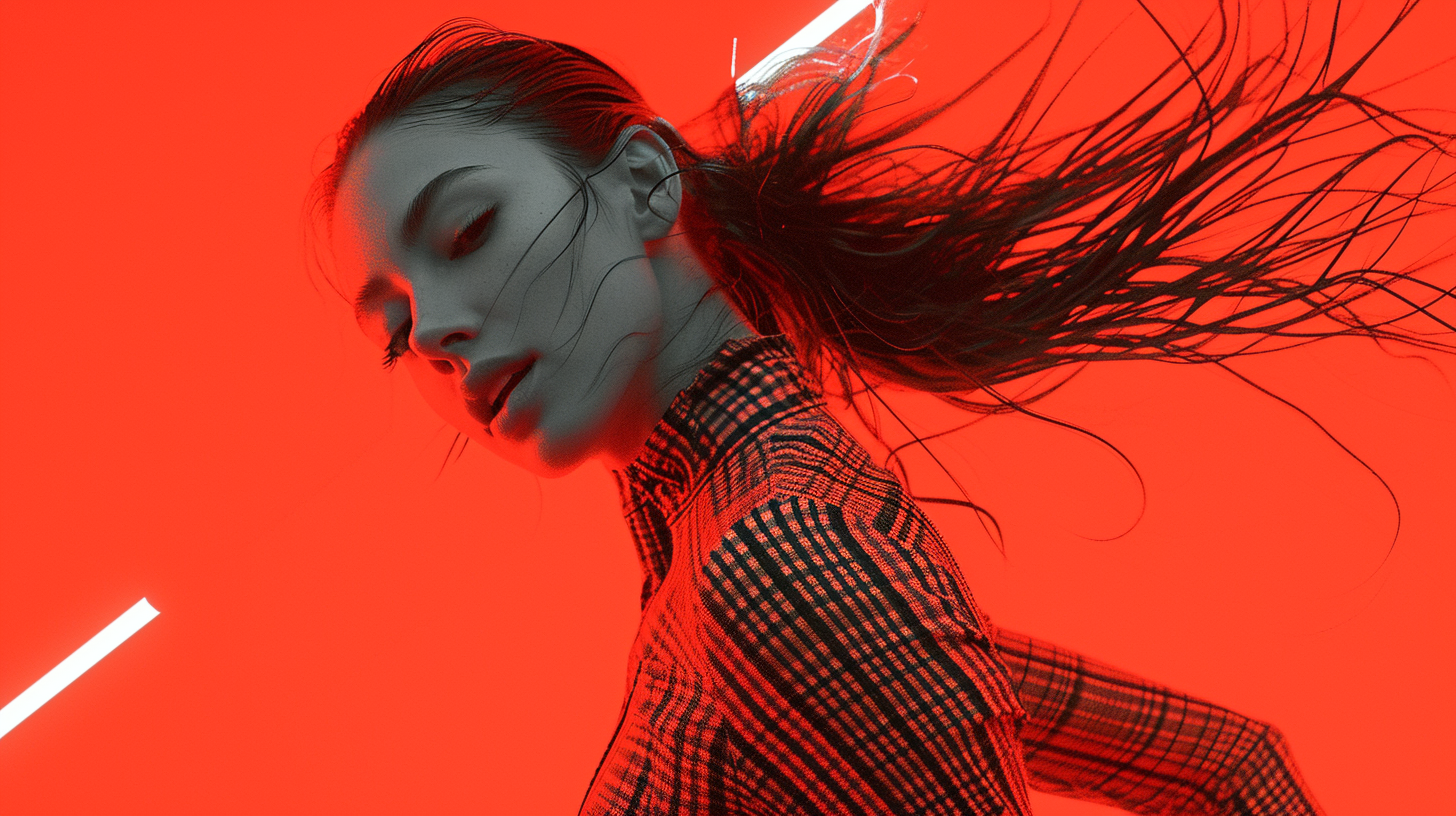 The image depicts a woman with long red hair standing in a room with red walls. She is wearing a black and white checkered shirt. The room has a vibrant red color scheme, creating a bold and striking backdrop for the woman. Her long hair flows down her back, adding a sense of movement to the image. The overall composition is artistic and visually captivating, with the contrast between the woman''s red hair and the red room creating a visually appealing aesthetic. The image conveys a sense of mystery and elegance, drawing the viewer''s attention to the woman''s striking appearance