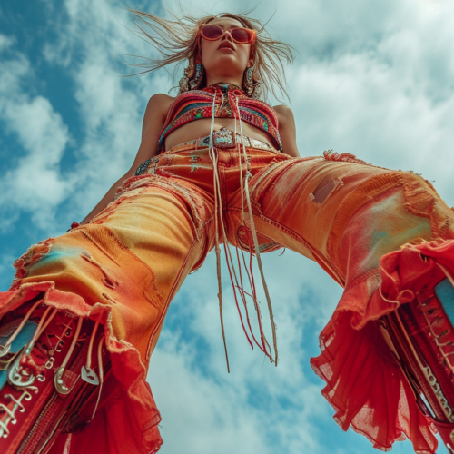 A vibrant and lively scene captured in this image shows a woman standing confidently on a pole, dressed in a colorful outfit. The woman appears to be wearing glasses, further adding to her unique style. The background features fluffy white clouds against a clear blue sky, suggesting a festive and joyful atmosphere. The woman''s bold fashion choice and the dynamic pose she strikes on the pole create a visually striking image. The primary colors in the image include shades of brown, turquoise, and dark blue, with a deep red accent color adding a pop of contrast.