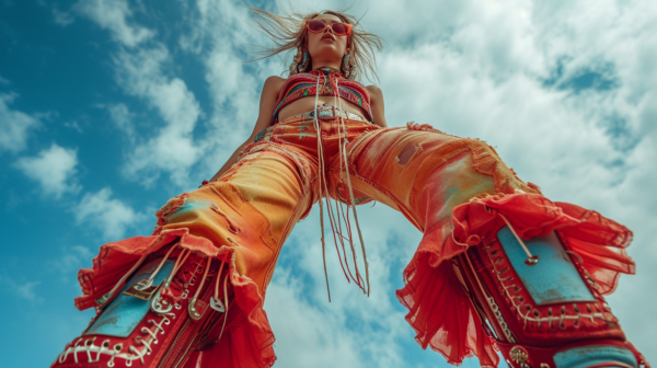 A vibrant and lively scene captured in this image shows a woman standing confidently on a pole, dressed in a colorful outfit. The woman appears to be wearing glasses, further adding to her unique style. The background features fluffy white clouds against a clear blue sky, suggesting a festive and joyful atmosphere. The woman''s bold fashion choice and the dynamic pose she strikes on the pole create a visually striking image. The primary colors in the image include shades of brown, turquoise, and dark blue, with a deep red accent color adding a pop of contrast.