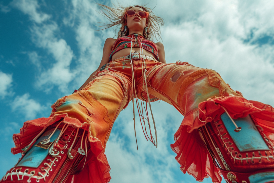 A vibrant and lively scene captured in this image shows a woman standing confidently on a pole, dressed in a colorful outfit. The woman appears to be wearing glasses, further adding to her unique style. The background features fluffy white clouds against a clear blue sky, suggesting a festive and joyful atmosphere. The woman''s bold fashion choice and the dynamic pose she strikes on the pole create a visually striking image. The primary colors in the image include shades of brown, turquoise, and dark blue, with a deep red accent color adding a pop of contrast.