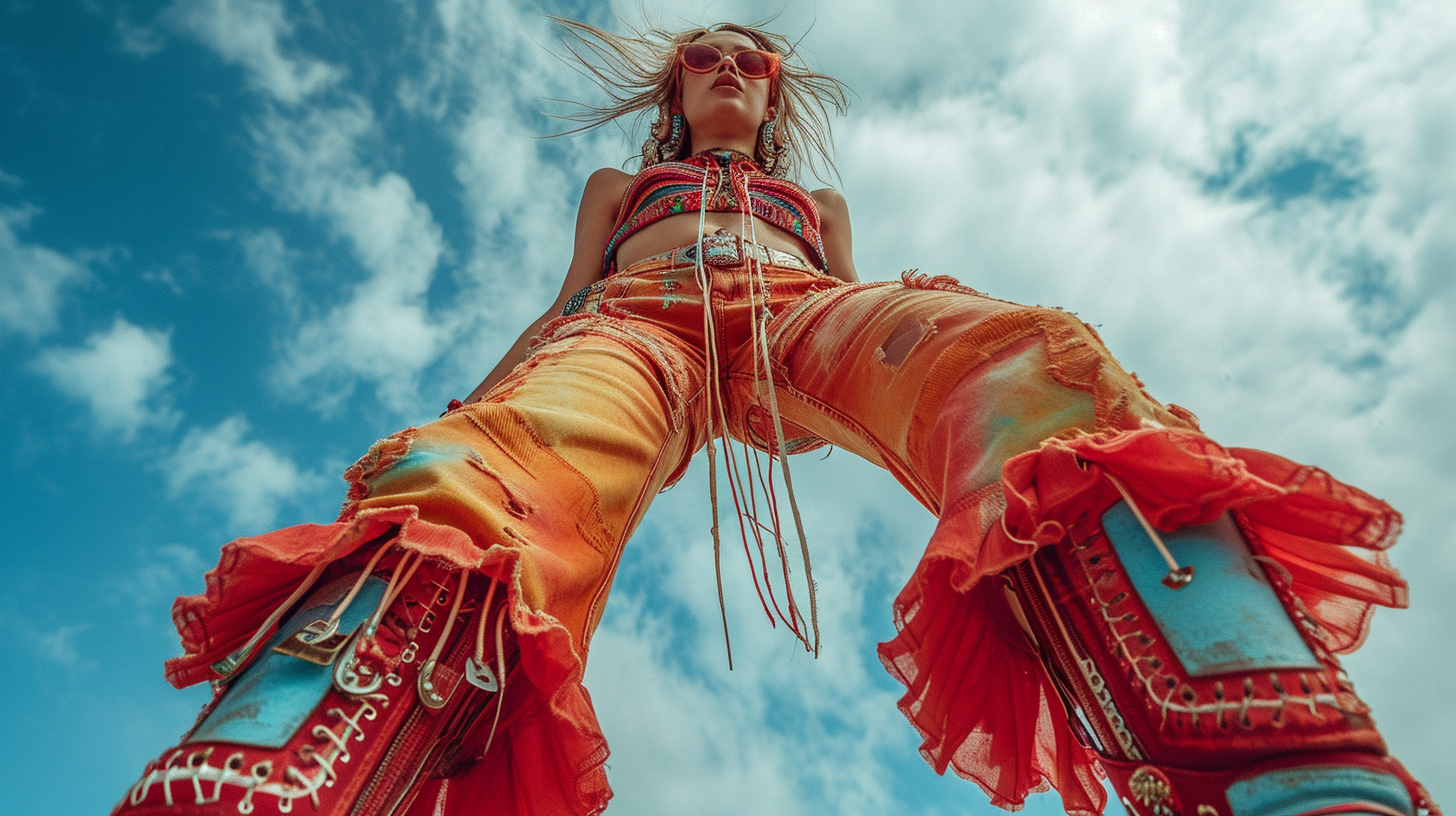 A vibrant and lively scene captured in this image shows a woman standing confidently on a pole, dressed in a colorful outfit. The woman appears to be wearing glasses, further adding to her unique style. The background features fluffy white clouds against a clear blue sky, suggesting a festive and joyful atmosphere. The woman''s bold fashion choice and the dynamic pose she strikes on the pole create a visually striking image. The primary colors in the image include shades of brown, turquoise, and dark blue, with a deep red accent color adding a pop of contrast.