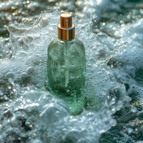A green glass bottle with a gold cap and a cross on it is floating in the middle of the ocean. The bottle is partially submerged in the water, with waves gently lapping at its sides. The bottle appears to be made of glass, with a sleek and elegant design. The gold cap adds a touch of luxury to the scene. The clear blue water contrasts beautifully with the green hue of the bottle. This peaceful and serene image captures the essence of tranquility and nature''s beauty.