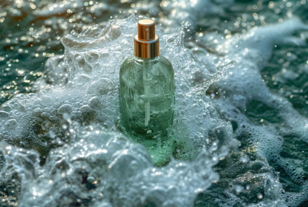 A green glass bottle with a gold cap and a cross on it is floating in the middle of the ocean. The bottle is partially submerged in the water, with waves gently lapping at its sides. The bottle appears to be made of glass, with a sleek and elegant design. The gold cap adds a touch of luxury to the scene. The clear blue water contrasts beautifully with the green hue of the bottle. This peaceful and serene image captures the essence of tranquility and nature''s beauty.