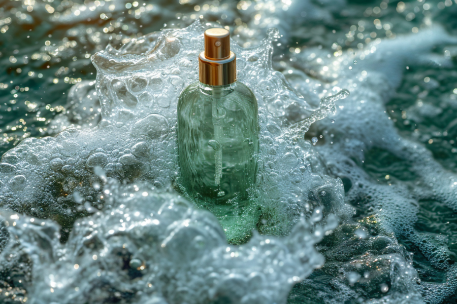 A green glass bottle with a gold cap and a cross on it is floating in the middle of the ocean. The bottle is partially submerged in the water, with waves gently lapping at its sides. The bottle appears to be made of glass, with a sleek and elegant design. The gold cap adds a touch of luxury to the scene. The clear blue water contrasts beautifully with the green hue of the bottle. This peaceful and serene image captures the essence of tranquility and nature''s beauty.