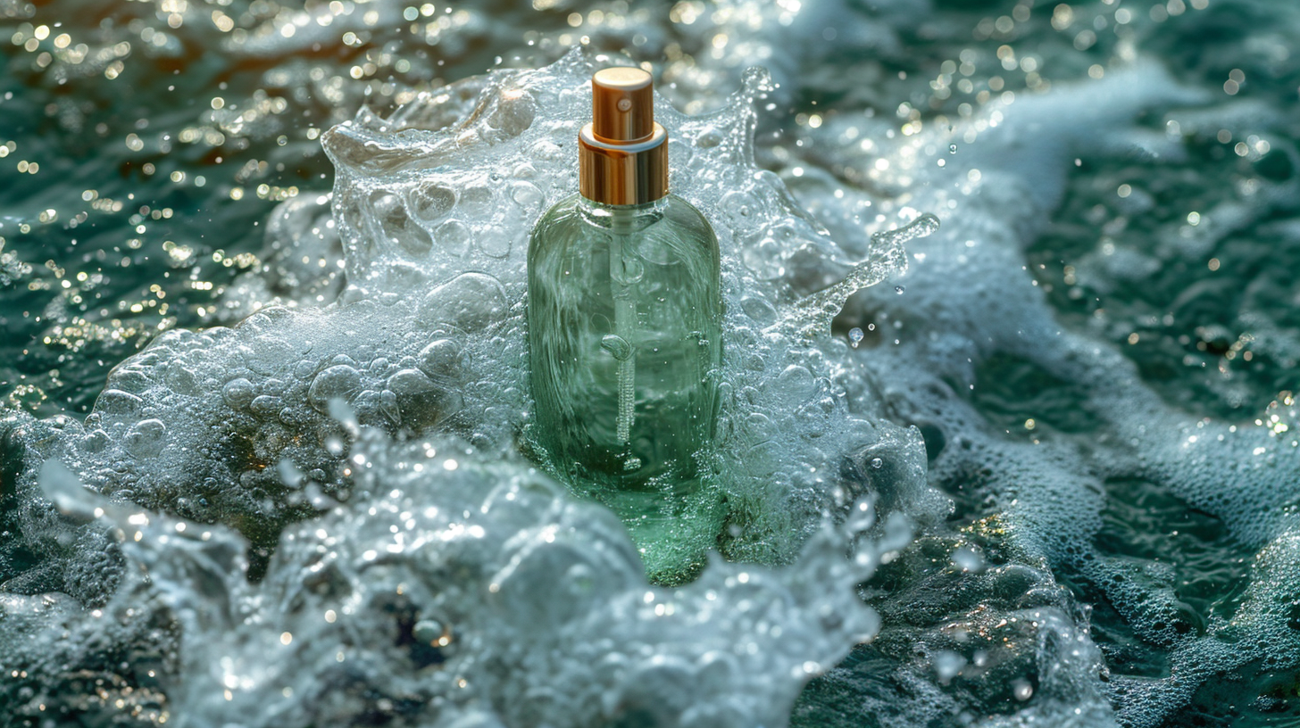 A green glass bottle with a gold cap and a cross on it is floating in the middle of the ocean. The bottle is partially submerged in the water, with waves gently lapping at its sides. The bottle appears to be made of glass, with a sleek and elegant design. The gold cap adds a touch of luxury to the scene. The clear blue water contrasts beautifully with the green hue of the bottle. This peaceful and serene image captures the essence of tranquility and nature''s beauty.