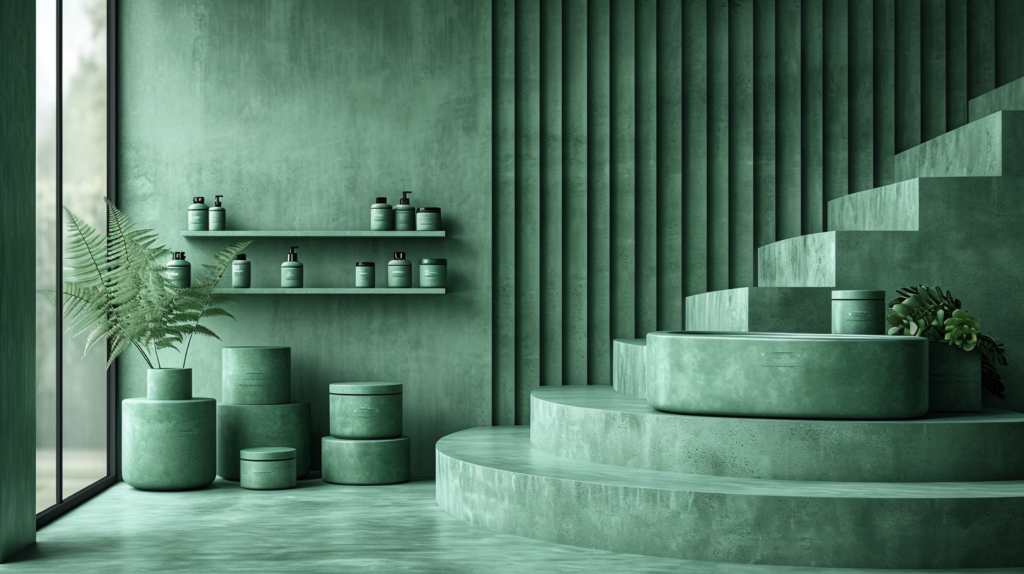 A beautifully decorated room with a staircase leading up to a cozy space. The room features a variety of furniture including stools and a cabinet/shelf. Throughout the room, there are several potted plants adding a touch of greenery to the space. The plants are placed in decorative pots and add a natural element to the room. Additionally, there are bottles of skin care products displayed on the shelves, adding a practical touch to the decor. The room has a calming color scheme with shades of green and brown, creating a peaceful and inviting atmosphere.