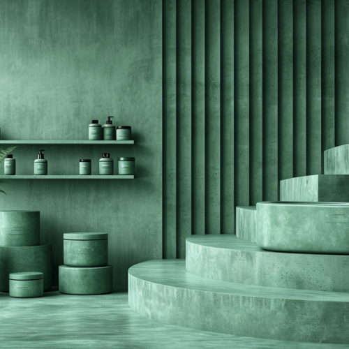 A beautifully decorated room with a staircase leading up to a cozy space. The room features a variety of furniture including stools and a cabinet/shelf. Throughout the room, there are several potted plants adding a touch of greenery to the space. The plants are placed in decorative pots and add a natural element to the room. Additionally, there are bottles of skin care products displayed on the shelves, adding a practical touch to the decor. The room has a calming color scheme with shades of green and brown, creating a peaceful and inviting atmosphere.