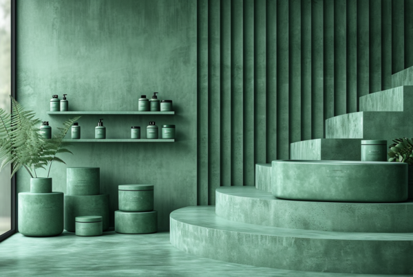 A beautifully decorated room with a staircase leading up to a cozy space. The room features a variety of furniture including stools and a cabinet/shelf. Throughout the room, there are several potted plants adding a touch of greenery to the space. The plants are placed in decorative pots and add a natural element to the room. Additionally, there are bottles of skin care products displayed on the shelves, adding a practical touch to the decor. The room has a calming color scheme with shades of green and brown, creating a peaceful and inviting atmosphere.