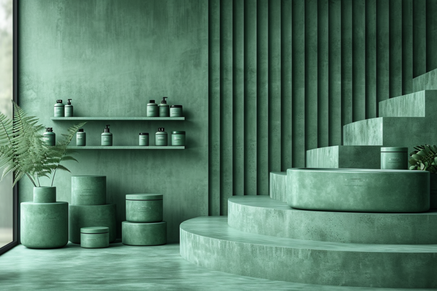 A beautifully decorated room with a staircase leading up to a cozy space. The room features a variety of furniture including stools and a cabinet/shelf. Throughout the room, there are several potted plants adding a touch of greenery to the space. The plants are placed in decorative pots and add a natural element to the room. Additionally, there are bottles of skin care products displayed on the shelves, adding a practical touch to the decor. The room has a calming color scheme with shades of green and brown, creating a peaceful and inviting atmosphere.