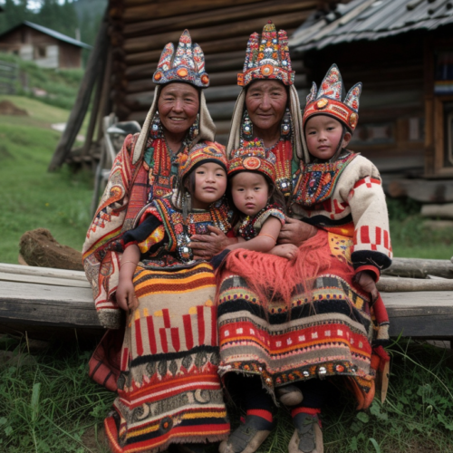 In the image, we see a family of four sitting on a bench in front of a log cabin. The family consists of two women and two children. One of the women is holding a baby. The individuals are dressed in traditional clothing, with one of the women and one of the children wearing hats. The women are wearing dresses made of red fabric, while the children are dressed in traditional costumes. The scene exudes a cozy and familial atmosphere, with a mix of earthy tones and accents of red and brown colors in the clothing and surroundings. The group appears to be enjoying a moment of relaxation and togetherness.