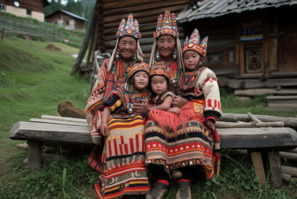 In the image, we see a family of four sitting on a bench in front of a log cabin. The family consists of two women and two children. One of the women is holding a baby. The individuals are dressed in traditional clothing, with one of the women and one of the children wearing hats. The women are wearing dresses made of red fabric, while the children are dressed in traditional costumes. The scene exudes a cozy and familial atmosphere, with a mix of earthy tones and accents of red and brown colors in the clothing and surroundings. The group appears to be enjoying a moment of relaxation and togetherness.