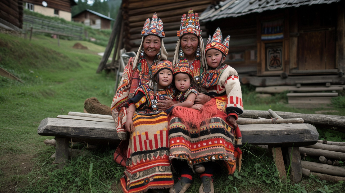 In the image, we see a family of four sitting on a bench in front of a log cabin. The family consists of two women and two children. One of the women is holding a baby. The individuals are dressed in traditional clothing, with one of the women and one of the children wearing hats. The women are wearing dresses made of red fabric, while the children are dressed in traditional costumes. The scene exudes a cozy and familial atmosphere, with a mix of earthy tones and accents of red and brown colors in the clothing and surroundings. The group appears to be enjoying a moment of relaxation and togetherness.