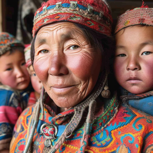 In this image, we see a woman wearing traditional clothing with two children on her back. One child is on her lap while the other is on her shoulders. The woman is wearing a red hat and a red scarf. The children are wrapped in colorful blankets. The woman has a smile on her face, and the children appear to be happy. The background shows a window and a remote control. The overall color scheme of the image includes shades of brown, blue, and white. The woman and children seem to be in a cozy and intimate setting.