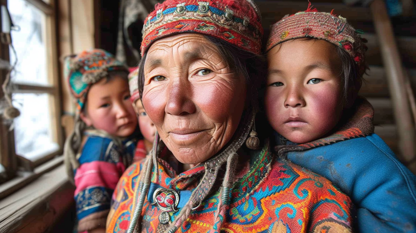 In this image, we see a woman wearing traditional clothing with two children on her back. One child is on her lap while the other is on her shoulders. The woman is wearing a red hat and a red scarf. The children are wrapped in colorful blankets. The woman has a smile on her face, and the children appear to be happy. The background shows a window and a remote control. The overall color scheme of the image includes shades of brown, blue, and white. The woman and children seem to be in a cozy and intimate setting.