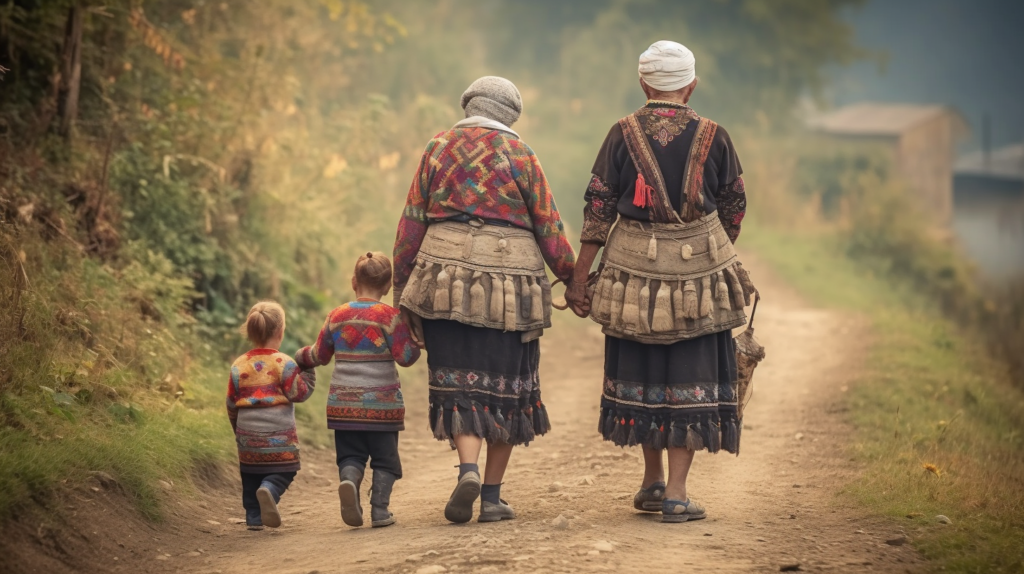 A woman and two children are walking down a dirt road in a rural setting. The woman is wearing a traditional dress, and one of the children is wearing sneakers while the other child is wearing boots. The woman is also accompanied by a horse in the background. The scene depicts a peaceful countryside setting with the group making their way along the path. The colors in the image are earthy tones, with the primary colors being shades of brown and beige. The overall atmosphere is serene and evokes a sense of simplicity and connection to nature.