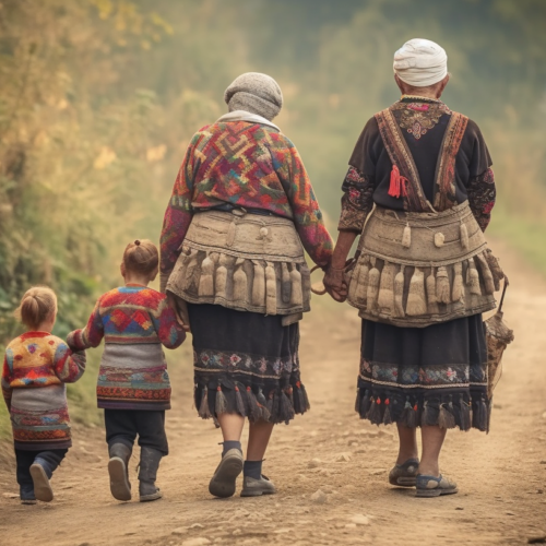 A woman and two children are walking down a dirt road in a rural setting. The woman is wearing a traditional dress, and one of the children is wearing sneakers while the other child is wearing boots. The woman is also accompanied by a horse in the background. The scene depicts a peaceful countryside setting with the group making their way along the path. The colors in the image are earthy tones, with the primary colors being shades of brown and beige. The overall atmosphere is serene and evokes a sense of simplicity and connection to nature.