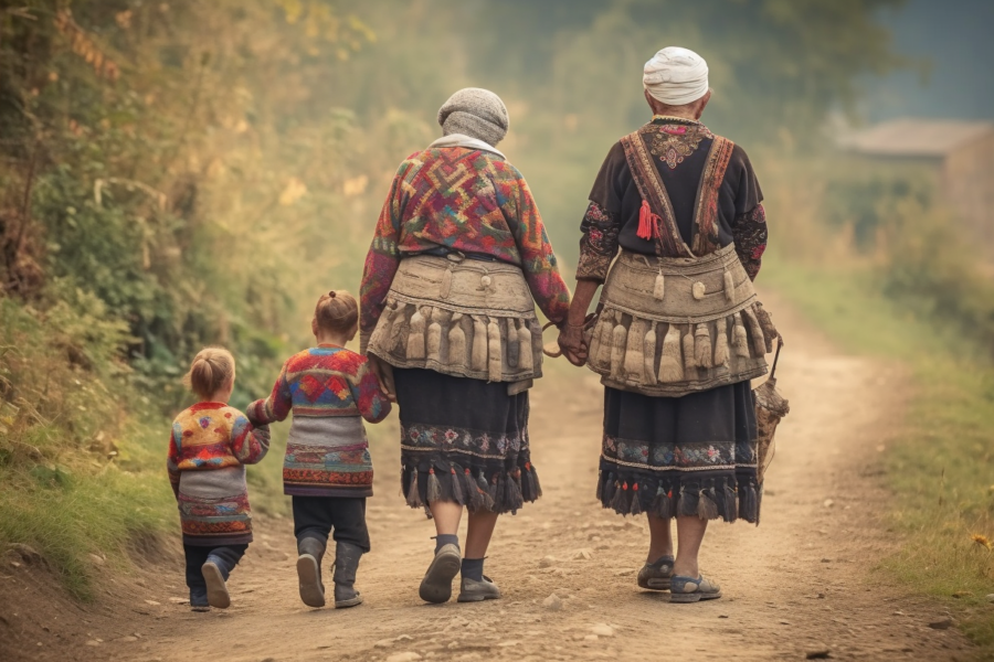 A woman and two children are walking down a dirt road in a rural setting. The woman is wearing a traditional dress, and one of the children is wearing sneakers while the other child is wearing boots. The woman is also accompanied by a horse in the background. The scene depicts a peaceful countryside setting with the group making their way along the path. The colors in the image are earthy tones, with the primary colors being shades of brown and beige. The overall atmosphere is serene and evokes a sense of simplicity and connection to nature.