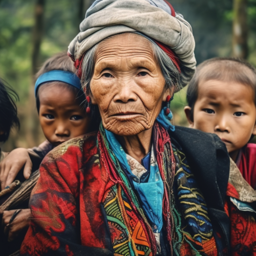 A woman wearing a large turban on her head is standing in a forest with a group of children. The woman has a serene expression on her face. Two children, one boy and one girl, are standing next to her, each with unique facial features and hairstyles. The boy is wearing a red shirt and a black jacket. The girl is wearing a headscarf. In the background, there is a child holding a baby. The scene is surrounded by trees and foliage. The colors in the image are earthy tones of brown, blue, and cream. This peaceful and harmonious image captures a moment of connection and community in nature.