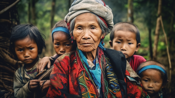 A woman wearing a large turban on her head is standing in a forest with a group of children. The woman has a serene expression on her face. Two children, one boy and one girl, are standing next to her, each with unique facial features and hairstyles. The boy is wearing a red shirt and a black jacket. The girl is wearing a headscarf. In the background, there is a child holding a baby. The scene is surrounded by trees and foliage. The colors in the image are earthy tones of brown, blue, and cream. This peaceful and harmonious image captures a moment of connection and community in nature.