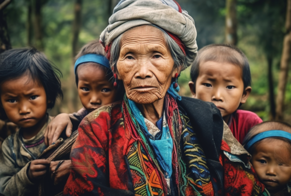 A woman wearing a large turban on her head is standing in a forest with a group of children. The woman has a serene expression on her face. Two children, one boy and one girl, are standing next to her, each with unique facial features and hairstyles. The boy is wearing a red shirt and a black jacket. The girl is wearing a headscarf. In the background, there is a child holding a baby. The scene is surrounded by trees and foliage. The colors in the image are earthy tones of brown, blue, and cream. This peaceful and harmonious image captures a moment of connection and community in nature.