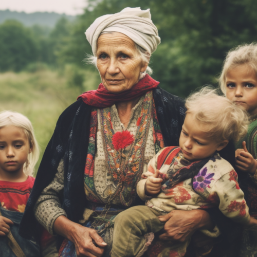 A heartwarming scene captured in a serene field, where a woman is tenderly holding two children and a baby. The woman, with a kind smile on her face, stands gracefully amidst the tall grass and wildflowers. One child, a young girl, is wearing a red shirt and blue overalls, while the other child, a little girl, is holding a doll in her arms. The baby, nestled securely in the woman''s embrace, completes this beautiful family portrait. The color palette of the image includes earthy tones like browns, greens, and yellows, adding to the natural and wholesome vibe of the scene.