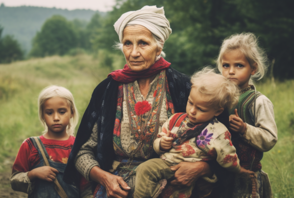 A heartwarming scene captured in a serene field, where a woman is tenderly holding two children and a baby. The woman, with a kind smile on her face, stands gracefully amidst the tall grass and wildflowers. One child, a young girl, is wearing a red shirt and blue overalls, while the other child, a little girl, is holding a doll in her arms. The baby, nestled securely in the woman''s embrace, completes this beautiful family portrait. The color palette of the image includes earthy tones like browns, greens, and yellows, adding to the natural and wholesome vibe of the scene.