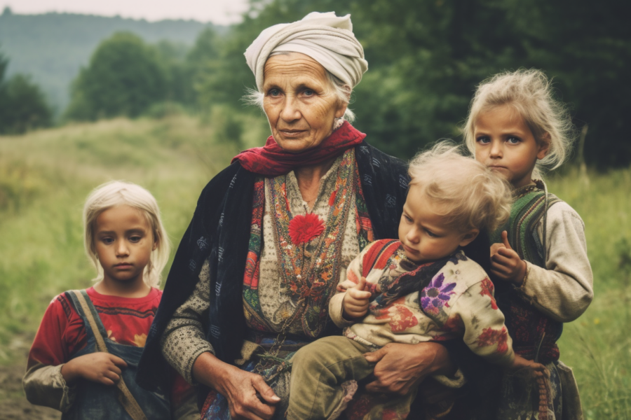 A heartwarming scene captured in a serene field, where a woman is tenderly holding two children and a baby. The woman, with a kind smile on her face, stands gracefully amidst the tall grass and wildflowers. One child, a young girl, is wearing a red shirt and blue overalls, while the other child, a little girl, is holding a doll in her arms. The baby, nestled securely in the woman''s embrace, completes this beautiful family portrait. The color palette of the image includes earthy tones like browns, greens, and yellows, adding to the natural and wholesome vibe of the scene.