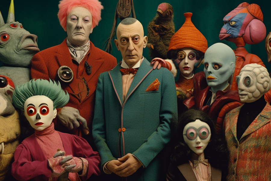 The image shows a group of people wearing clown costumes and clown heads. In the center, there is a man in a suit standing next to a woman dressed in a clown costume. The man is wearing a bow tie and has a serious expression on his face. Surrounding them are various other individuals, some wearing hats and others holding stuffed toys. The scene is playful and whimsical, with a mix of colors and textures. Some of the individuals have joker masks and there are sculptures scattered throughout the composition. The overall atmosphere is one of fun and eccentricity, with a touch of creepiness from the clown elements.
