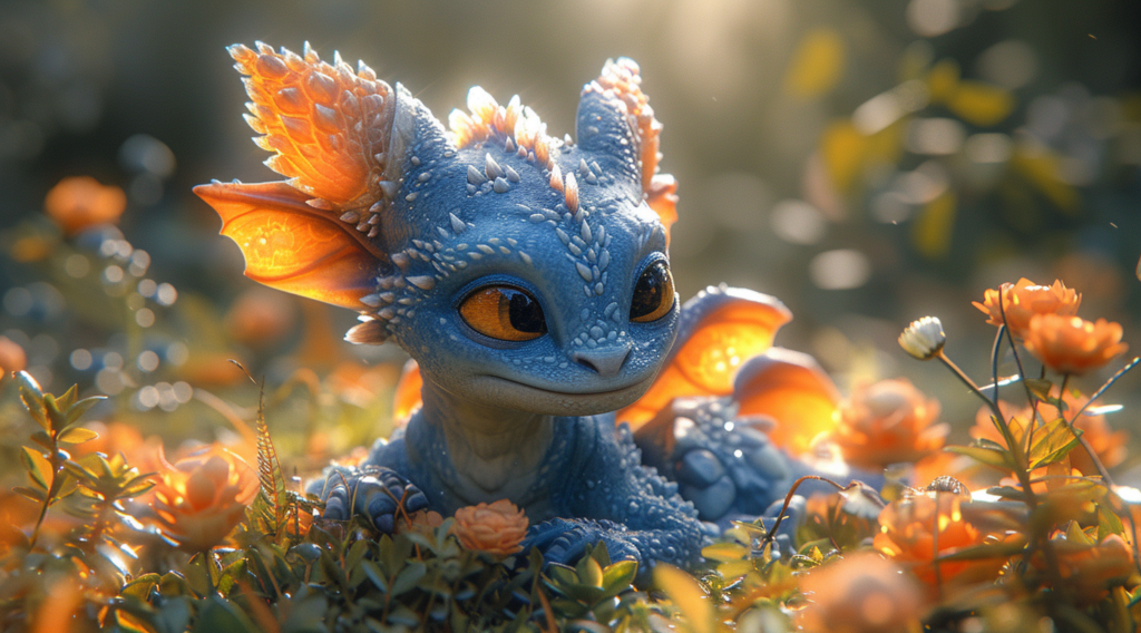 In this image, we see a magnificent blue dragon with vibrant orange eyes and wings, sitting gracefully in a lush field of colorful flowers. The dragon''s scales shimmer in the sunlight, contrasting beautifully with the surrounding flora. The scene exudes a sense of tranquility and wonder, as the dragon gazes serenely ahead. The flowers carpet the ground in a riot of colors, adding to the enchanting atmosphere. The dragon''s majestic presence is further enhanced by the delicate petals and stems that surround it, creating a harmonious and captivating composition.