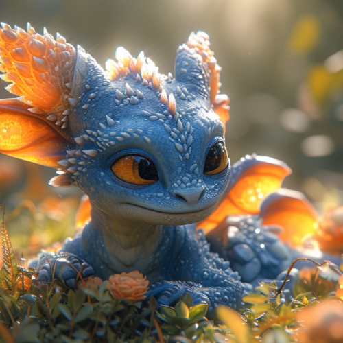 In this image, we see a magnificent blue dragon with vibrant orange eyes and wings, sitting gracefully in a lush field of colorful flowers. The dragon''s scales shimmer in the sunlight, contrasting beautifully with the surrounding flora. The scene exudes a sense of tranquility and wonder, as the dragon gazes serenely ahead. The flowers carpet the ground in a riot of colors, adding to the enchanting atmosphere. The dragon''s majestic presence is further enhanced by the delicate petals and stems that surround it, creating a harmonious and captivating composition.