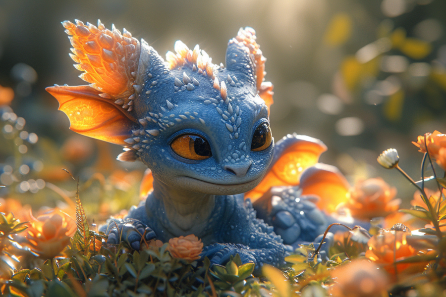 In this image, we see a magnificent blue dragon with vibrant orange eyes and wings, sitting gracefully in a lush field of colorful flowers. The dragon''s scales shimmer in the sunlight, contrasting beautifully with the surrounding flora. The scene exudes a sense of tranquility and wonder, as the dragon gazes serenely ahead. The flowers carpet the ground in a riot of colors, adding to the enchanting atmosphere. The dragon''s majestic presence is further enhanced by the delicate petals and stems that surround it, creating a harmonious and captivating composition.
