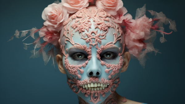 In this image, we see a woman with a striking appearance. Her face is painted blue, resembling a sugar skull makeup design. Adorning her head are beautiful pink flowers, creating a unique and eye-catching look. The woman''s expression is serene, with her mouth slightly open. The overall aesthetic is reminiscent of a sculpture or cosmetic art piece. The scene is set in daylight, highlighting the vivid colors of blue and pink. The woman exudes a sense of mystery and beauty, making her a captivating subject for any viewer.