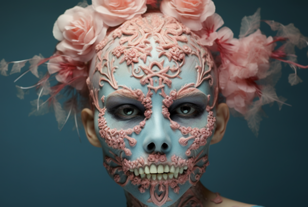 In this image, we see a woman with a striking appearance. Her face is painted blue, resembling a sugar skull makeup design. Adorning her head are beautiful pink flowers, creating a unique and eye-catching look. The woman''s expression is serene, with her mouth slightly open. The overall aesthetic is reminiscent of a sculpture or cosmetic art piece. The scene is set in daylight, highlighting the vivid colors of blue and pink. The woman exudes a sense of mystery and beauty, making her a captivating subject for any viewer.