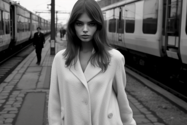 A Black And White Photo Of A Woman Standing In Front Of A Train.