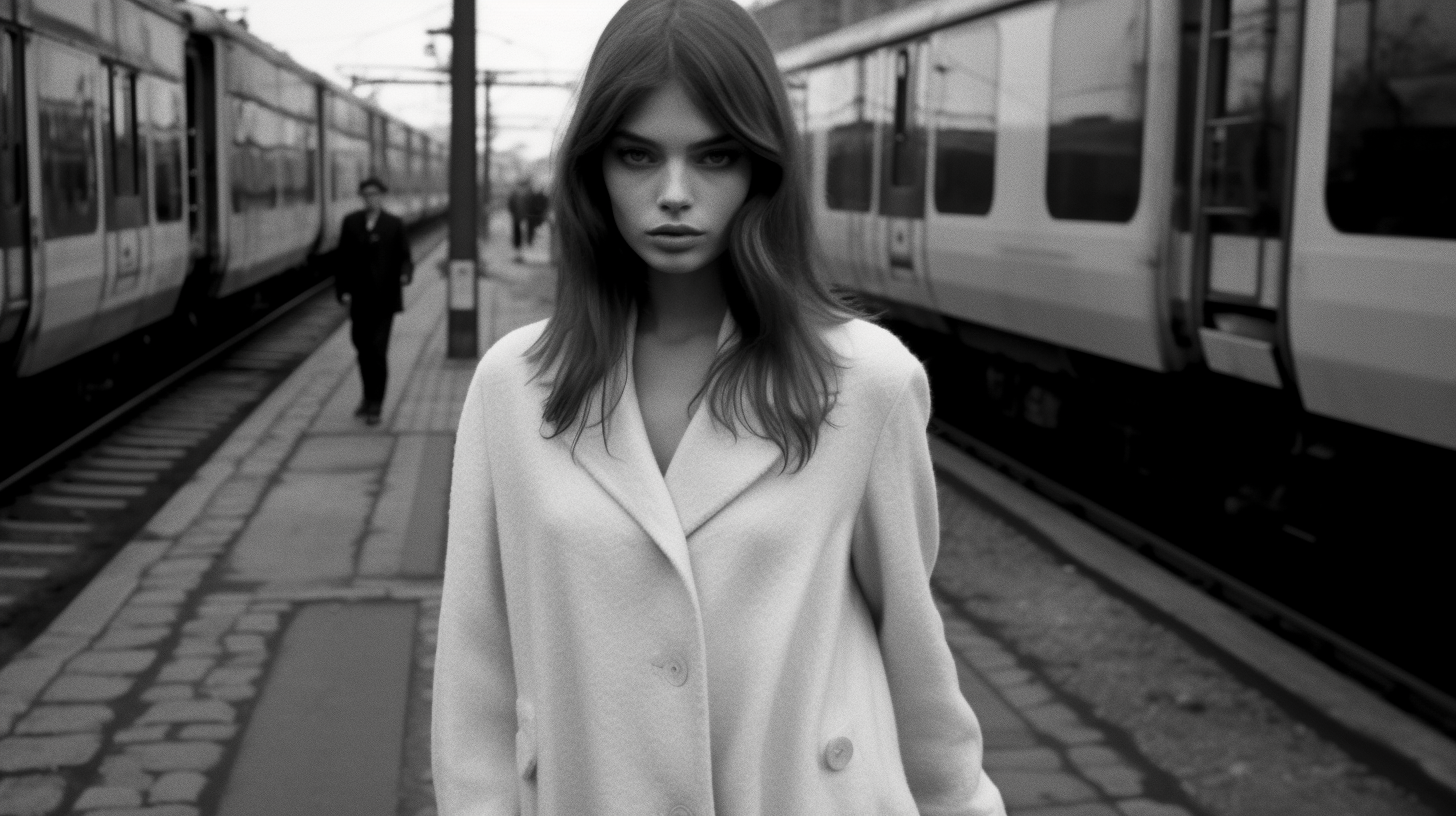 A Black And White Photo Of A Woman Standing In Front Of A Train.