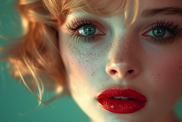 In this image, a young woman with red lipstick and freckled hair is depicted. She has a striking appearance with her vibrant red lips and natural freckles. The woman''s face fills most of the frame, showcasing her features prominently. Her eyes are a captivating shade of green, adding to the uniqueness of her look. The overall color palette of the image includes earthy tones like browns and greens, emphasizing the woman''s natural beauty. This close-up shot allows viewers to appreciate the details of her face, highlighting her individuality and charm.