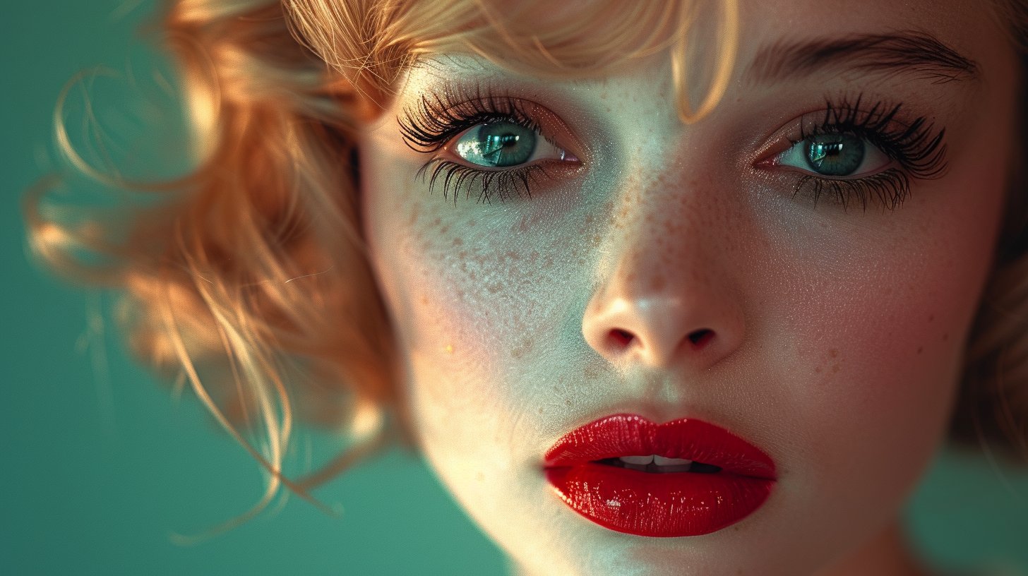 In this image, a young woman with red lipstick and freckled hair is depicted. She has a striking appearance with her vibrant red lips and natural freckles. The woman''s face fills most of the frame, showcasing her features prominently. Her eyes are a captivating shade of green, adding to the uniqueness of her look. The overall color palette of the image includes earthy tones like browns and greens, emphasizing the woman''s natural beauty. This close-up shot allows viewers to appreciate the details of her face, highlighting her individuality and charm.
