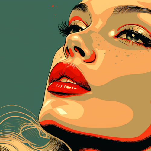 In this image, we see a close-up portrait of a woman with striking features. The woman has a bold red lip and is wearing a black collar, giving her a sophisticated and stylish look. The background is a subtle shade of green, which complements her red lip beautifully. The focus is on the woman''s face, highlighting her expressive eyes and perfectly applied makeup. The overall composition is elegant and eye-catching, making this image a great choice for a fashion or beauty-themed dataset.