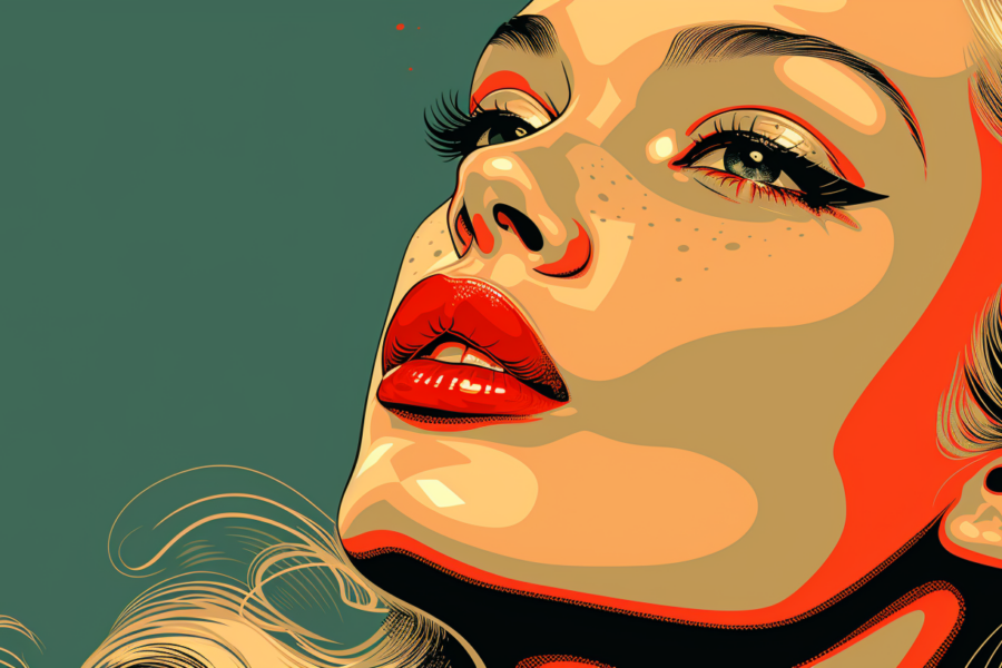 In this image, we see a close-up portrait of a woman with striking features. The woman has a bold red lip and is wearing a black collar, giving her a sophisticated and stylish look. The background is a subtle shade of green, which complements her red lip beautifully. The focus is on the woman''s face, highlighting her expressive eyes and perfectly applied makeup. The overall composition is elegant and eye-catching, making this image a great choice for a fashion or beauty-themed dataset.