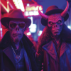 In this image, we see two men standing next to each other, both dressed in elaborate costumes. One man is wearing a skull face mask, a hat, and sunglasses, while the other man is wearing a horned mask and a fur collar. The men appear to be dressed as demons or devils. Additionally, one of the men is wearing a leather jacket. The background shows a city street. The colors in the image are primarily shades of purple, pink, and white. Overall, the scene depicts a playful and theatrical atmosphere with a hint of mystery and intrigue.