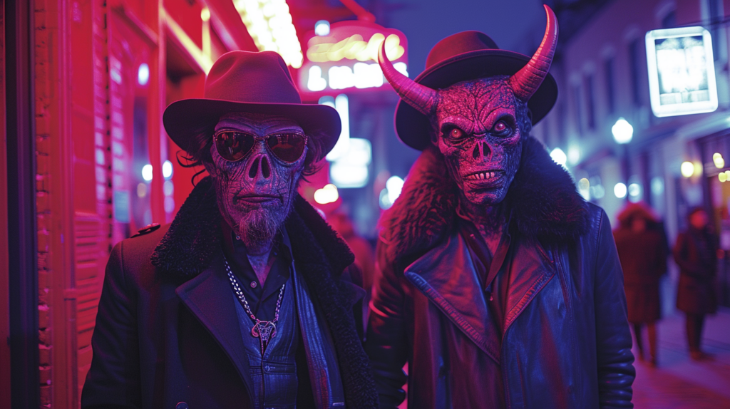 In this image, we see two men standing next to each other, both dressed in elaborate costumes. One man is wearing a skull face mask, a hat, and sunglasses, while the other man is wearing a horned mask and a fur collar. The men appear to be dressed as demons or devils. Additionally, one of the men is wearing a leather jacket. The background shows a city street. The colors in the image are primarily shades of purple, pink, and white. Overall, the scene depicts a playful and theatrical atmosphere with a hint of mystery and intrigue.