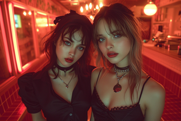 In this image, two women are standing next to each other in a dark room. Both women are wearing black dresses, and one of them has red hair. One of the women is wearing a necklace with a heart pendant, while the other woman is wearing a necklace with a key. The room is illuminated with red lights, creating a dramatic atmosphere. Additionally, there are various objects in the background, including lamps and a bottle. The women are posing elegantly, exuding a sense of sophistication and style. The overall composition of the image suggests a glamorous and mysterious ambiance.