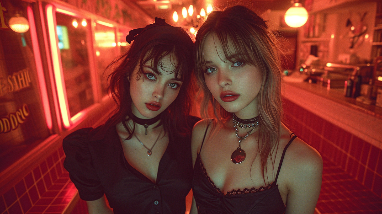 In this image, two women are standing next to each other in a dark room. Both women are wearing black dresses, and one of them has red hair. One of the women is wearing a necklace with a heart pendant, while the other woman is wearing a necklace with a key. The room is illuminated with red lights, creating a dramatic atmosphere. Additionally, there are various objects in the background, including lamps and a bottle. The women are posing elegantly, exuding a sense of sophistication and style. The overall composition of the image suggests a glamorous and mysterious ambiance.