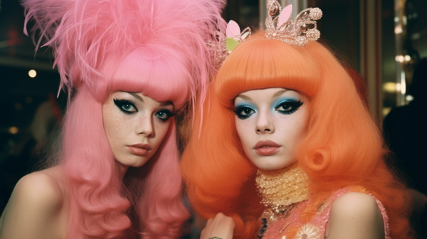 In this image, there are two women with striking pink hair and enchanting blue eyes. The first woman, located on the left side, has pink hair styled in a wig, wearing a black dress. Her eyes are a mesmerizing blue color. The second woman, on the right side, also has pink hair and blue eyes, wearing a pink sweater. Both women exude a unique and vibrant style with their colorful hair and eyes. The image captures their individuality and confidence as they stand out with their unconventional appearanc