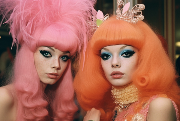 In this image, there are two women with striking pink hair and enchanting blue eyes. The first woman, located on the left side, has pink hair styled in a wig, wearing a black dress. Her eyes are a mesmerizing blue color. The second woman, on the right side, also has pink hair and blue eyes, wearing a pink sweater. Both women exude a unique and vibrant style with their colorful hair and eyes. The image captures their individuality and confidence as they stand out with their unconventional appearanc
