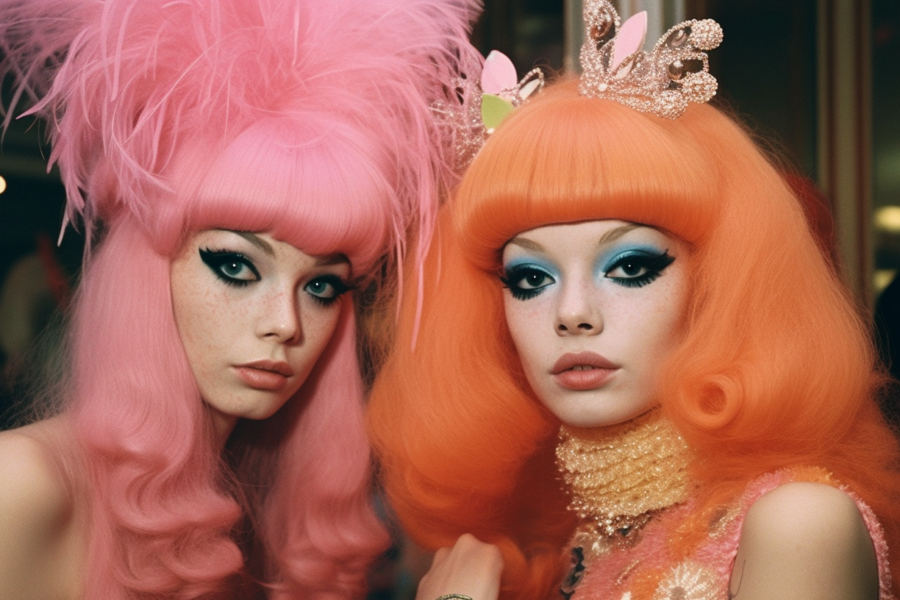 In this image, there are two women with striking pink hair and enchanting blue eyes. The first woman, located on the left side, has pink hair styled in a wig, wearing a black dress. Her eyes are a mesmerizing blue color. The second woman, on the right side, also has pink hair and blue eyes, wearing a pink sweater. Both women exude a unique and vibrant style with their colorful hair and eyes. The image captures their individuality and confidence as they stand out with their unconventional appearanc