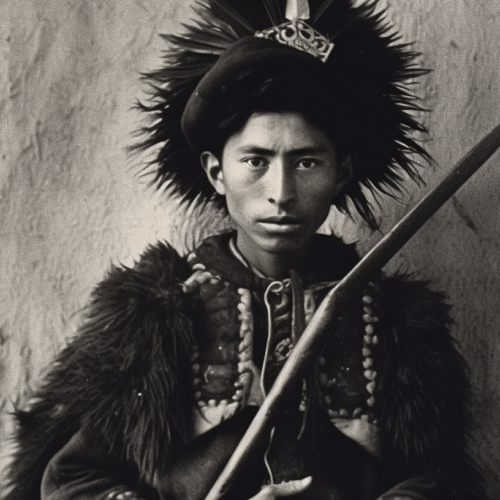 The image is a black and white photo depicting a Native American man wearing a traditional costume. He is adorned with a feathered hat and is holding a sword in his hand. The man appears to be of around 32 years old, with a masculine gender. The background is not visible in the image. The man''s attire is detailed and intricate, showcasing his cultural heritage. The feathered headdress and sword add to the authenticity of his costume. The image evokes a sense of strength and pride in Native American culture.