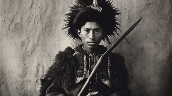 The image is a black and white photo depicting a Native American man wearing a traditional costume. He is adorned with a feathered hat and is holding a sword in his hand. The man appears to be of around 32 years old, with a masculine gender. The background is not visible in the image. The man''s attire is detailed and intricate, showcasing his cultural heritage. The feathered headdress and sword add to the authenticity of his costume. The image evokes a sense of strength and pride in Native American culture.