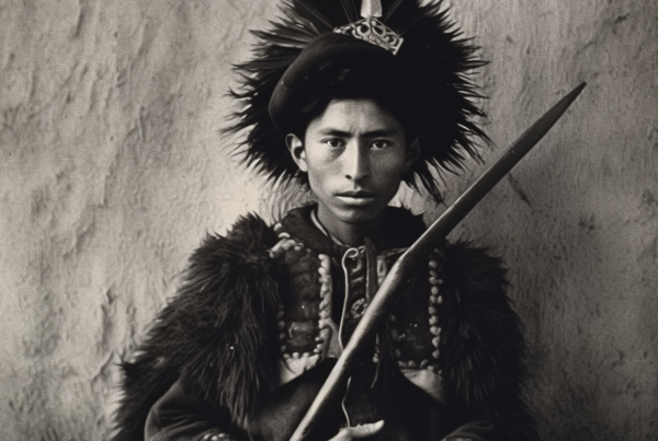 The image is a black and white photo depicting a Native American man wearing a traditional costume. He is adorned with a feathered hat and is holding a sword in his hand. The man appears to be of around 32 years old, with a masculine gender. The background is not visible in the image. The man''s attire is detailed and intricate, showcasing his cultural heritage. The feathered headdress and sword add to the authenticity of his costume. The image evokes a sense of strength and pride in Native American culture.